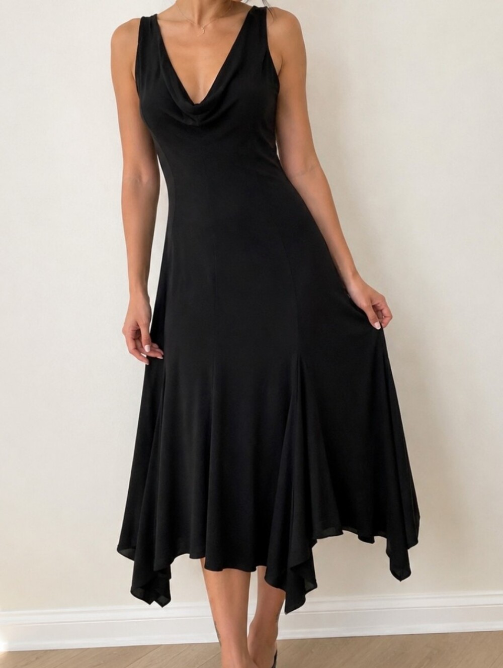 Bisou Bisou Black Sleeveless Midi Dress with Cowl Neck